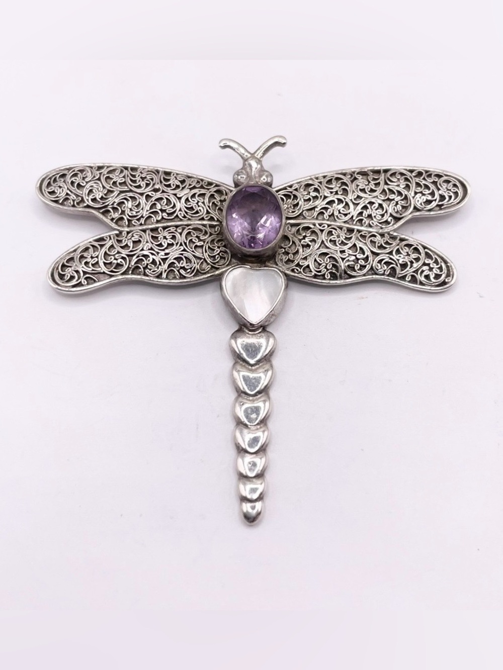 Sterling Silver Dragonfly Brooch with Purple Amethyst Accent - Picture 1 of 9